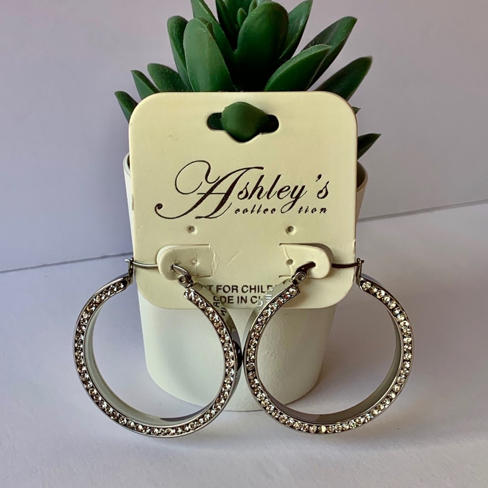 Stainless Steel Hoop Earrings w/ Rhinestones